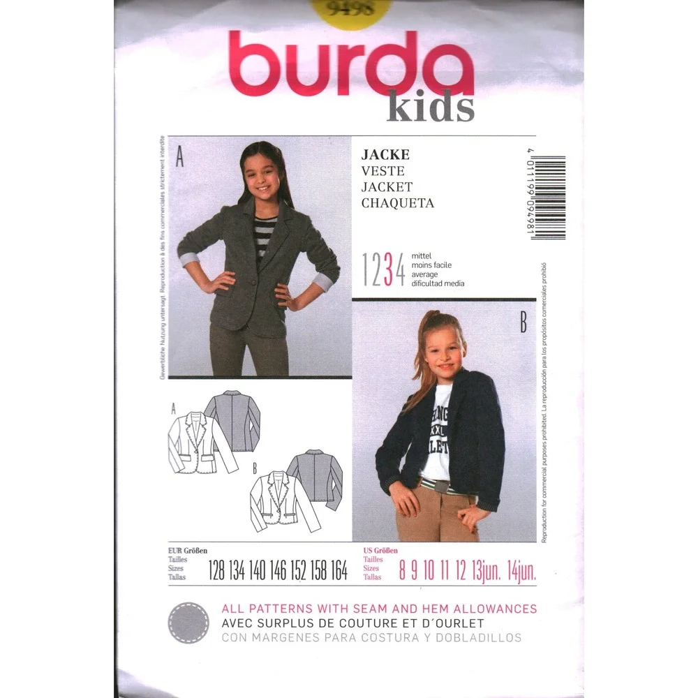 Burda Kids 9498 Sewing Pattern Girls Boys Fitted Jacket Blazer Sizes 8-14 UNCUT